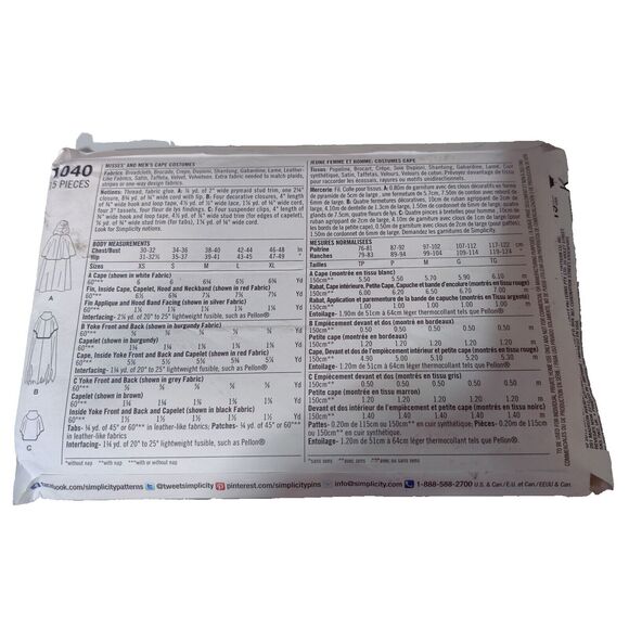 Simplicity 1040  Steampunk Capes  Size XS-XL Uncut - Picture 3 of 4